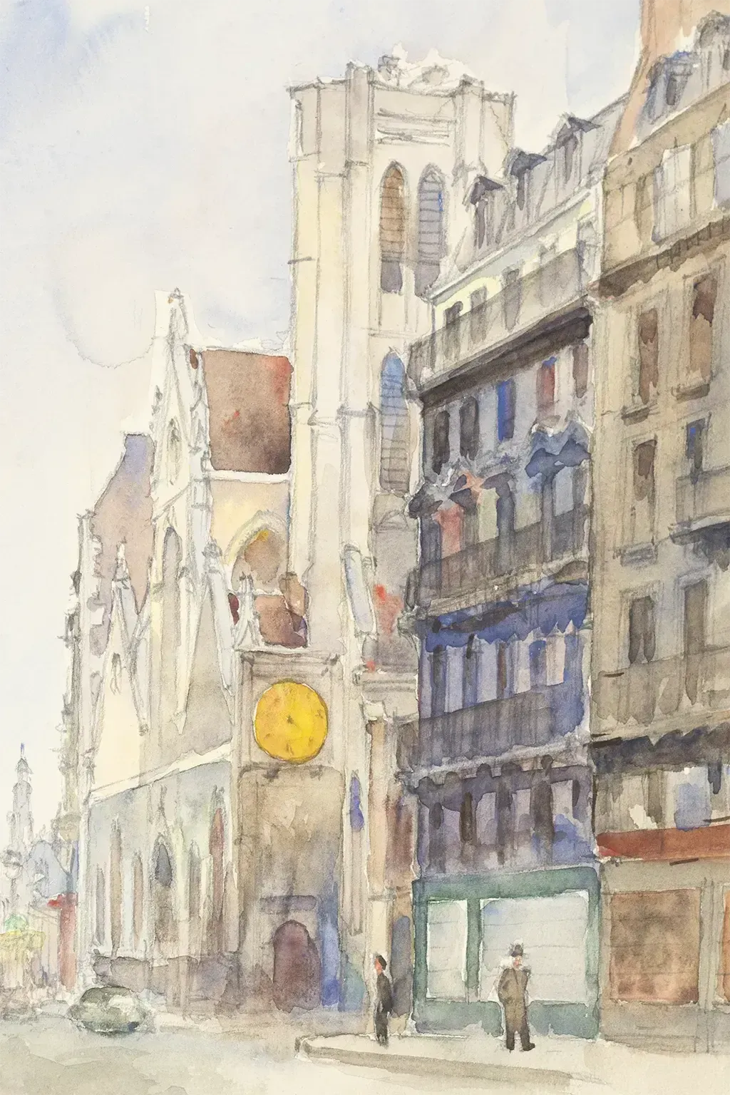 Henri Geoffroy, Original Watercolor From The 1950s – Paris Street With The Saint Nicolas Des Champs Church photo for sale