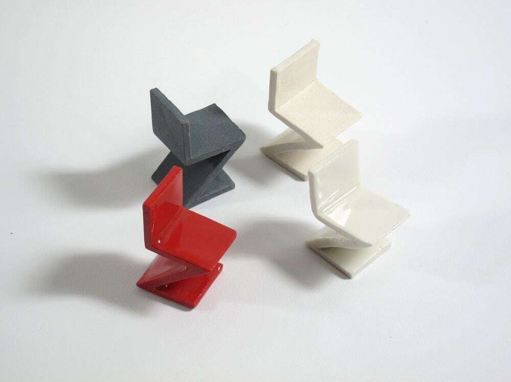 Collector’s Set Of 4 Rietveld Inspired Zig Zag Miniature Porcelain Ceramic Chairs photo Home Decor