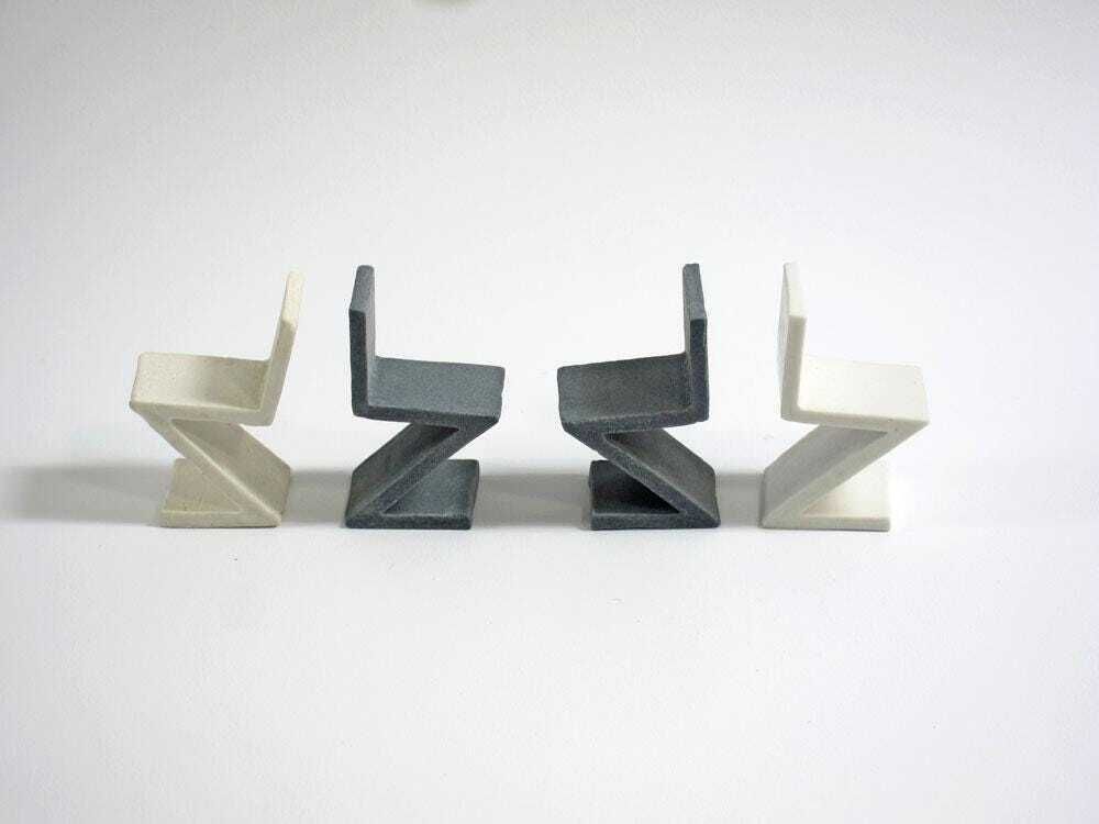 Collector’s Set Of 4 Rietveld Inspired Zig Zag Miniature Porcelain Ceramic Chairs photo 179.0