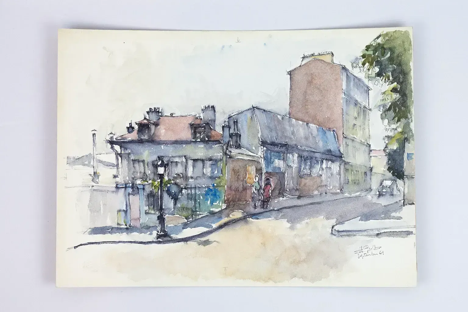 Henri Geoffroy, Original Watercolor 1961 – Rue De Montmartre In Paris, Signed And Dated