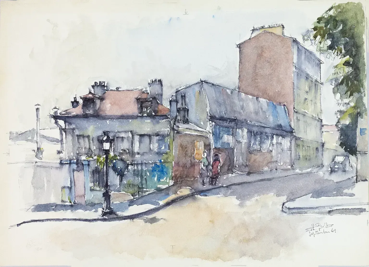 Henri Geoffroy, aquarelle 1961 - Rue de Montmartre à Paris, signée et datée photo furniture