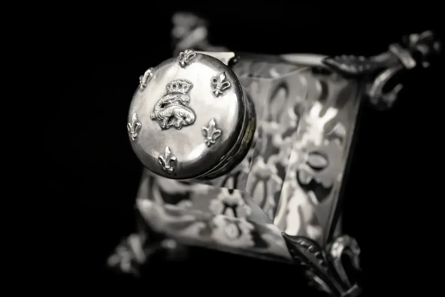 Crystal And Silver Plated Metal Inkwell With Salamander And Fleur De Lis   French Antic photo buy