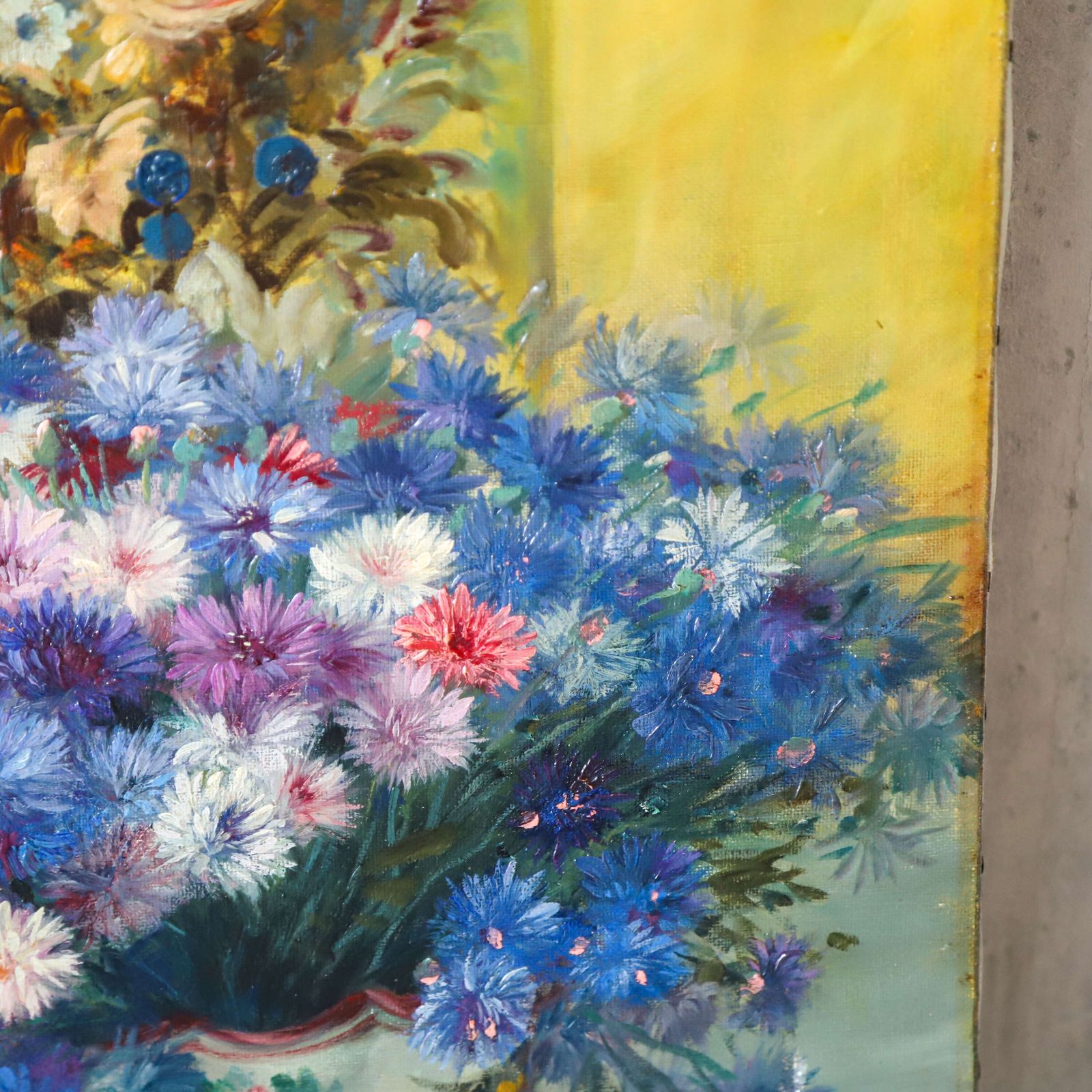 Antique Oil Painting On Canvas – Still Life With Religious Figurines And Flowers photo vinterior