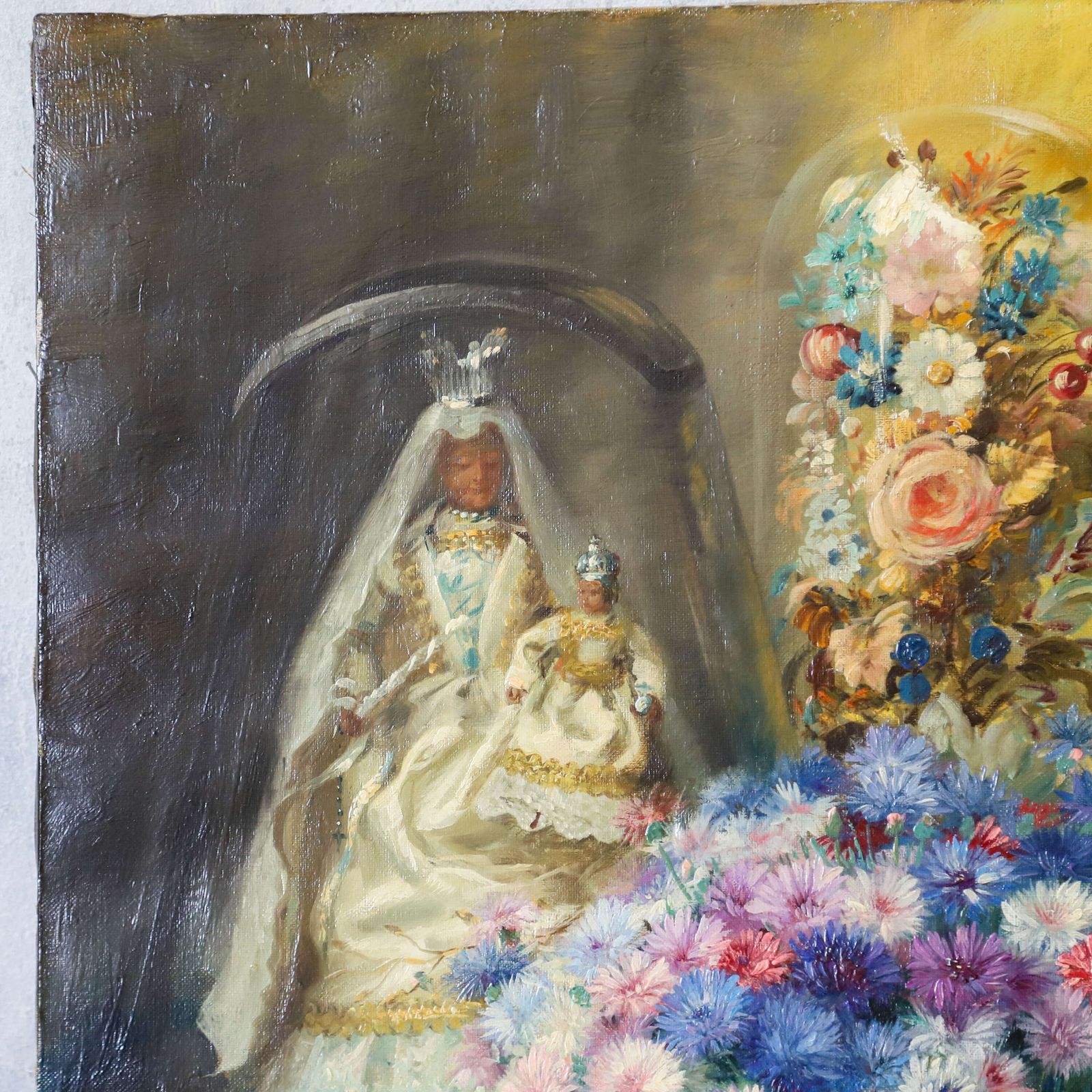 Antique Oil Painting On Canvas – Still Life With Religious Figurines And Flowers photo buy