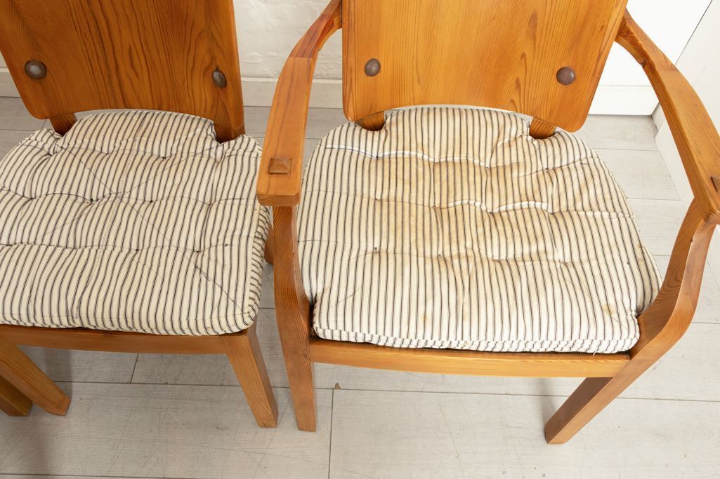 Set Of 8 Swedish Pine Sportstuga Mobler Chairs In The Manner Of Axel Hjorth, With Original Ticking Cushions & Webbing photo vintage
