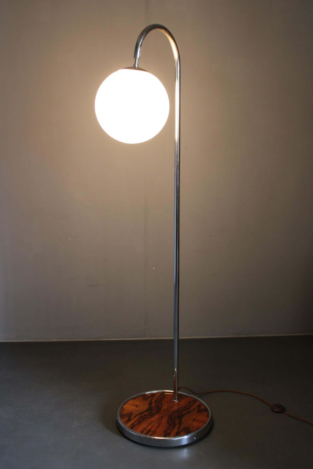 1630.0 Art Deco Chrome Floor Lamp, Milk Glass Globe, Walnut Base, 1930s Czechoslovakia photo