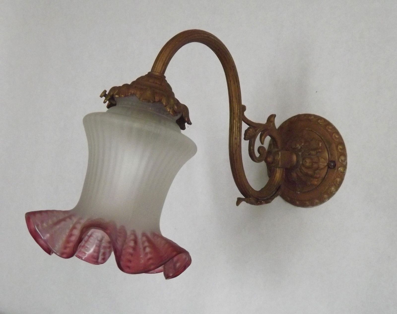 French Art Nouveau Bronze Single Wall Light With White And Pink Frilled Glass Shade photo furniture