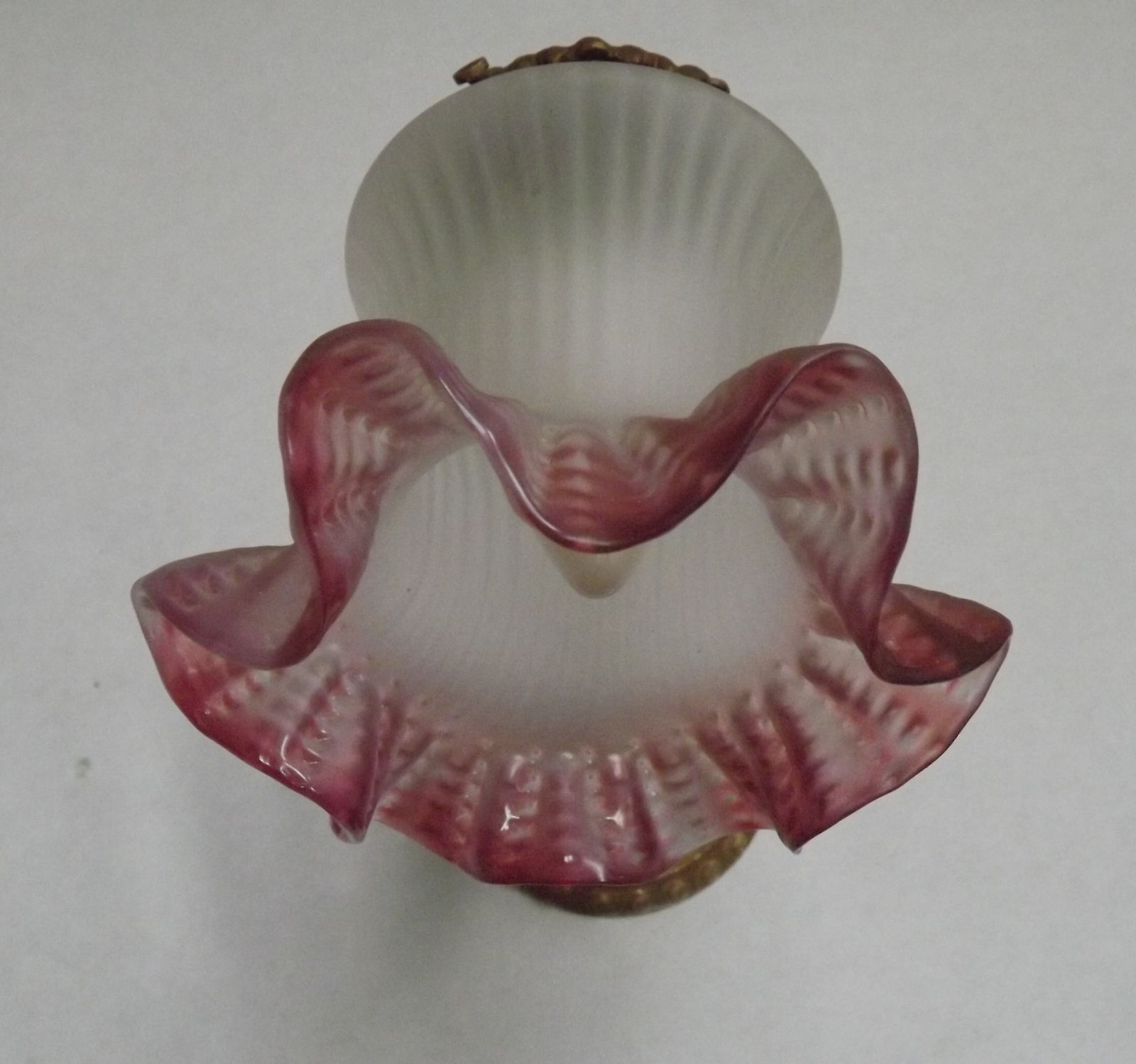 French Art Nouveau Bronze Single Wall Light With White And Pink Frilled Glass Shade photo buy