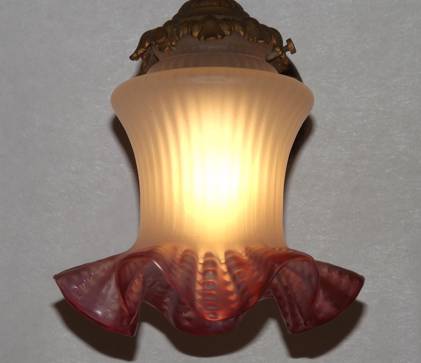 photo for sale French Art Nouveau Bronze Single Wall Light With White And Pink Frilled Glass Shade