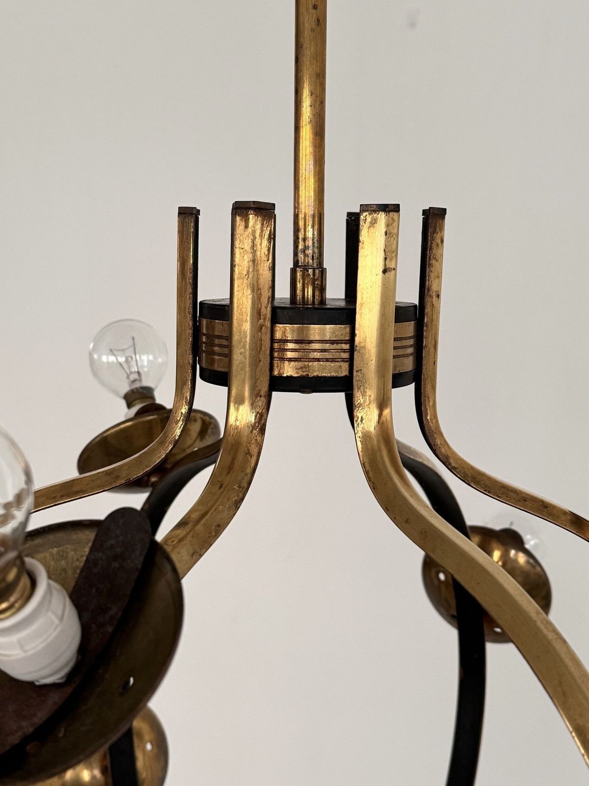 Stilnovo Italian Brass And Opaline Glass Chandelier, 1950s photo 3900.0