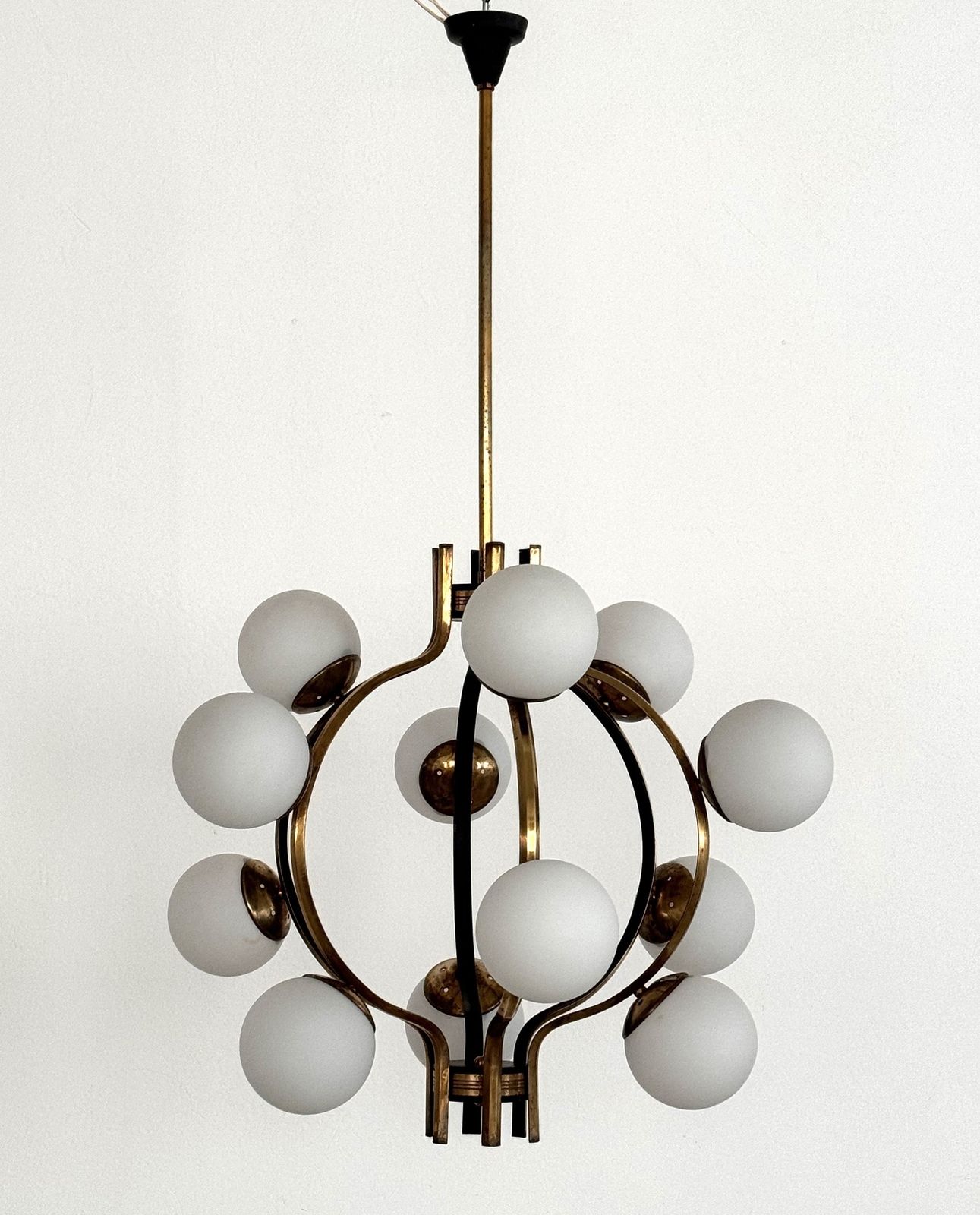 Stilnovo Italian Brass And Opaline Glass Chandelier, 1950s photo vintage