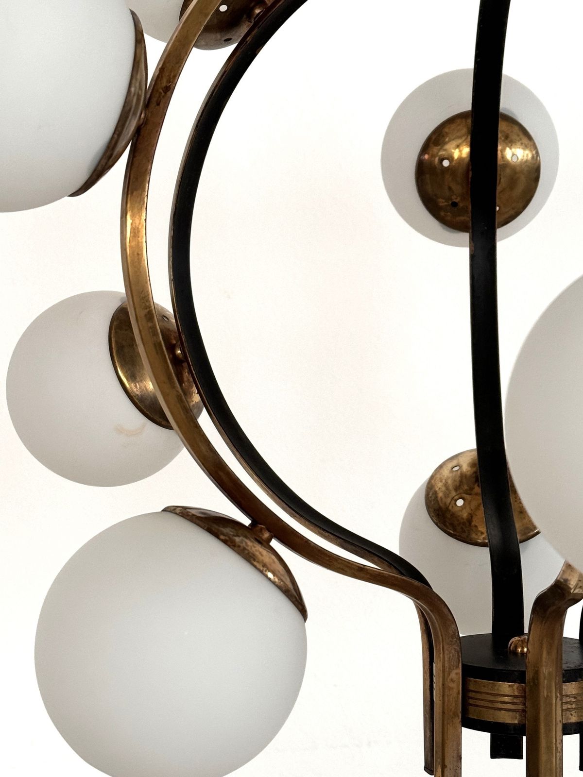Lighting Stilnovo Italian Brass And Opaline Glass Chandelier, 1950s photo