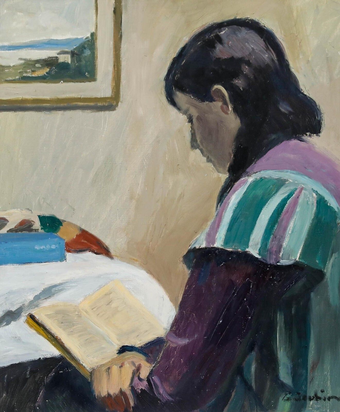 Georges Joubin (1888 1983)   Modernist 20th Century Oil, Reading photo furniture