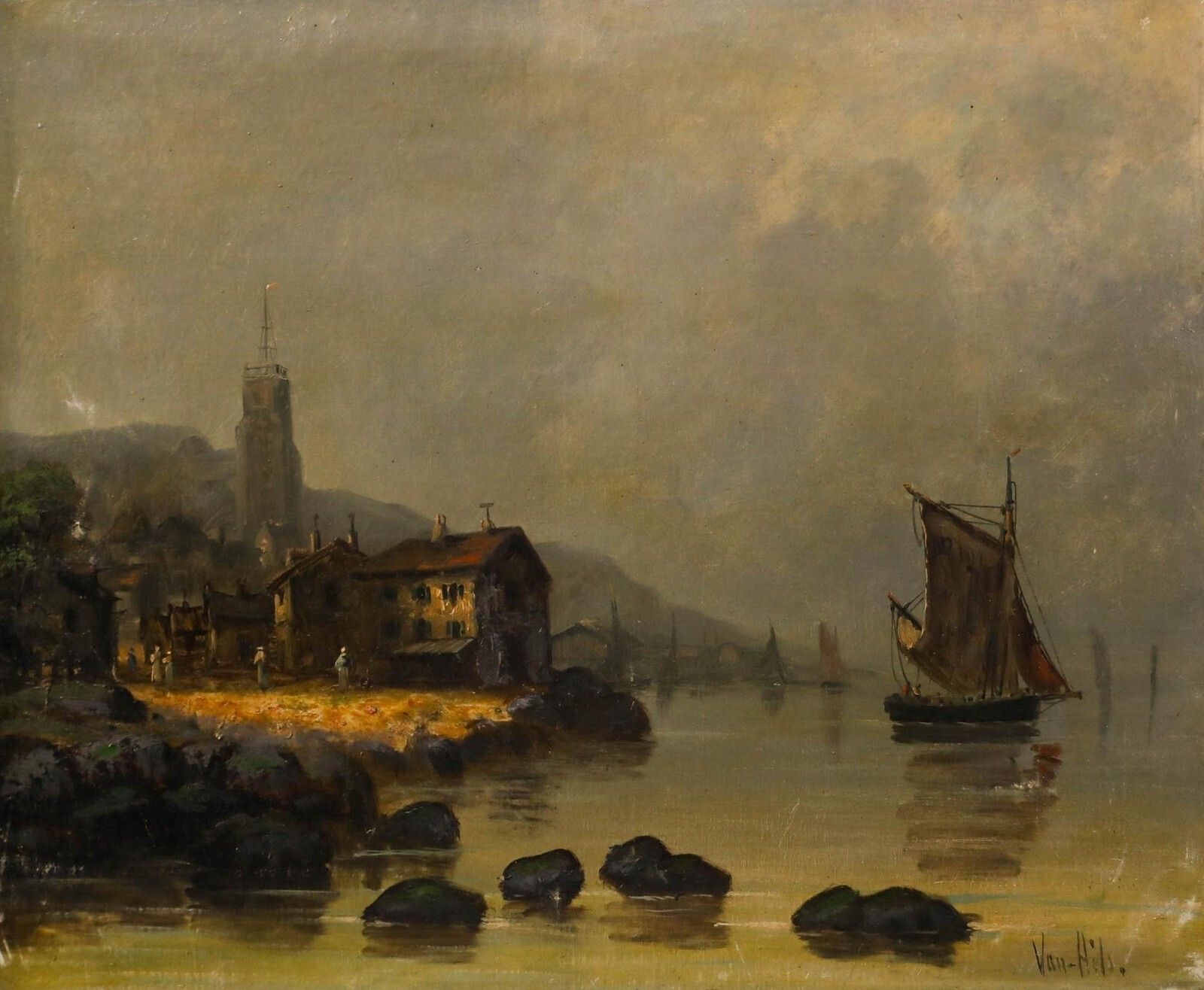 Van Hils   Framed Late 19th Century Oil, Early Morning At The Harbour photo furniture