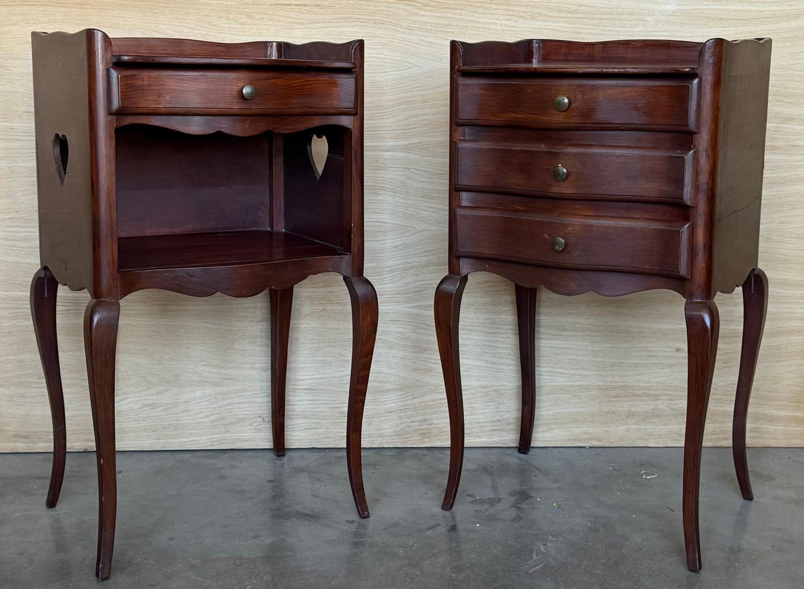 Pair Of French Walnut Bedside Tables With Heart Shaped Open Shelf / Three Drawers photo furniture
