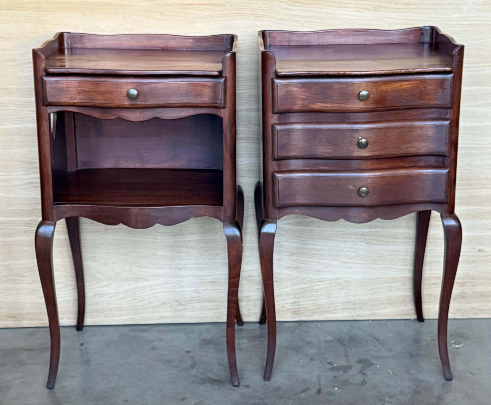 Pair Of French Walnut Bedside Tables With Heart Shaped Open Shelf / Three Drawers photo Furniture