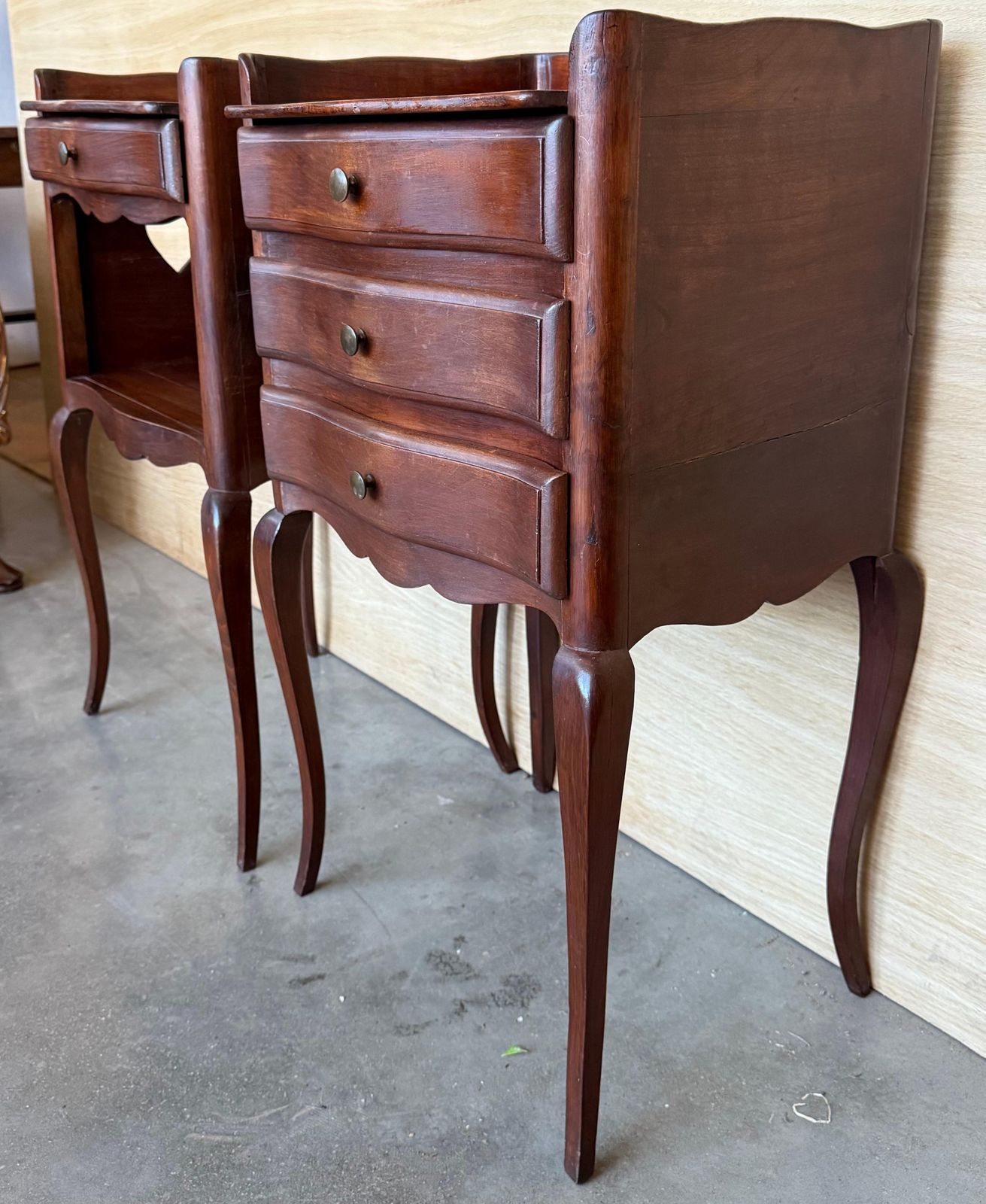 Pair Of French Walnut Bedside Tables With Heart Shaped Open Shelf / Three Drawers photo vintage