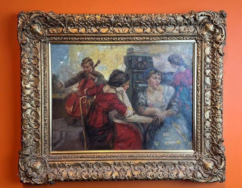 Manner Of Ulisee Caputo, Oil On Canvas Of A Belle Epoque Cafe Scene photo Art