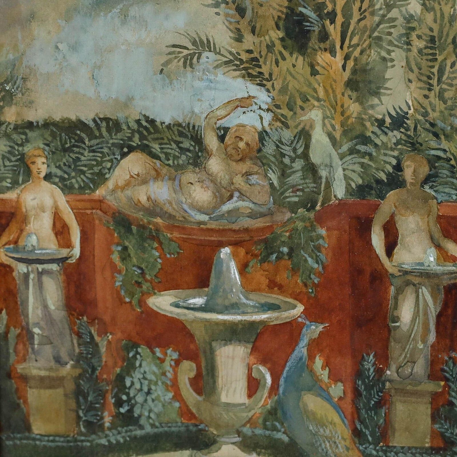 Adolf Schill (1848 1911)   Late 19th Century Watercolour, Peacock And Fountain photo Art