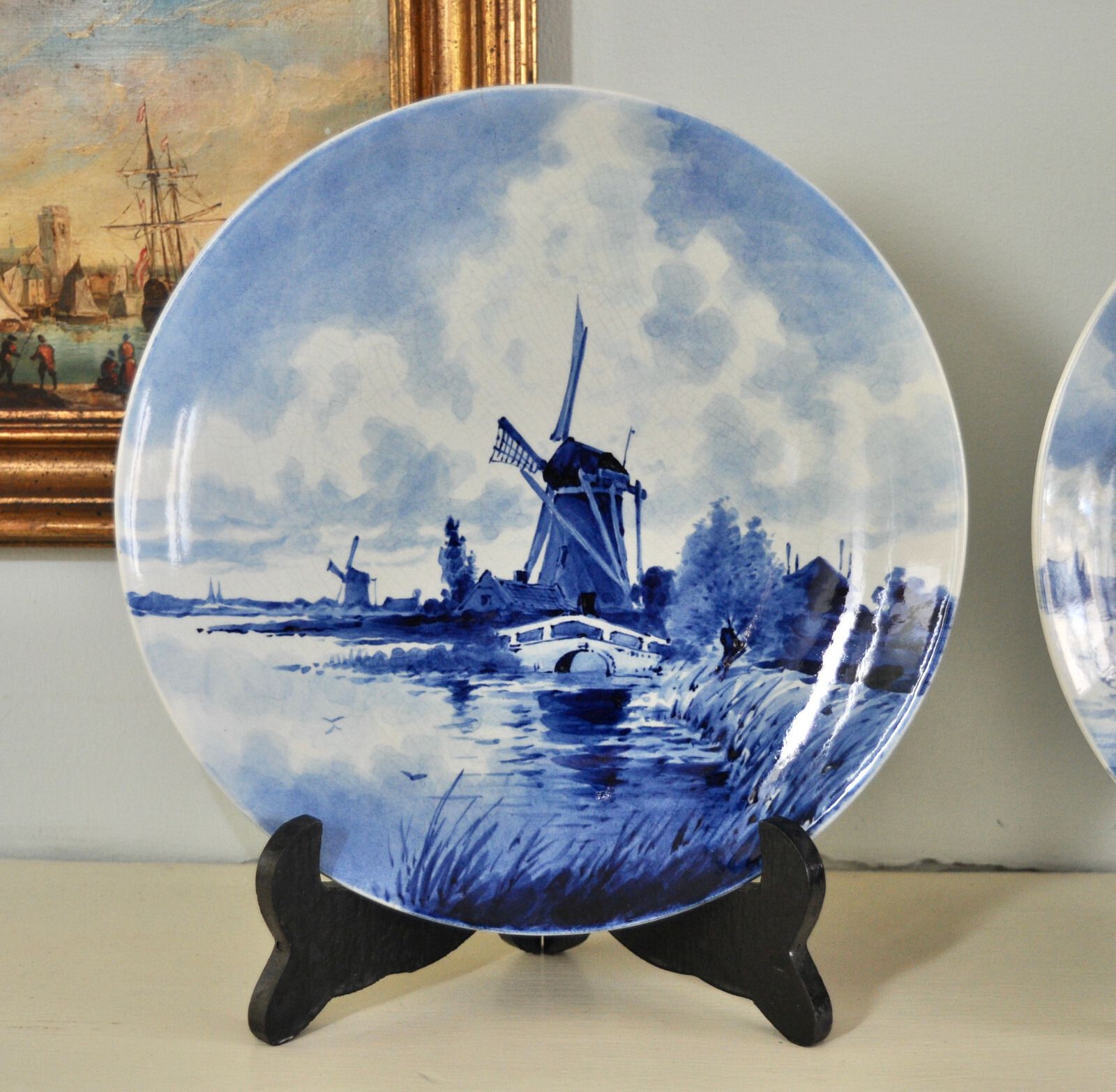 A Fine Pair Of 9" Royal Delft Hanging Pictured Plates, Date 1917, Hand Painted photo furniture