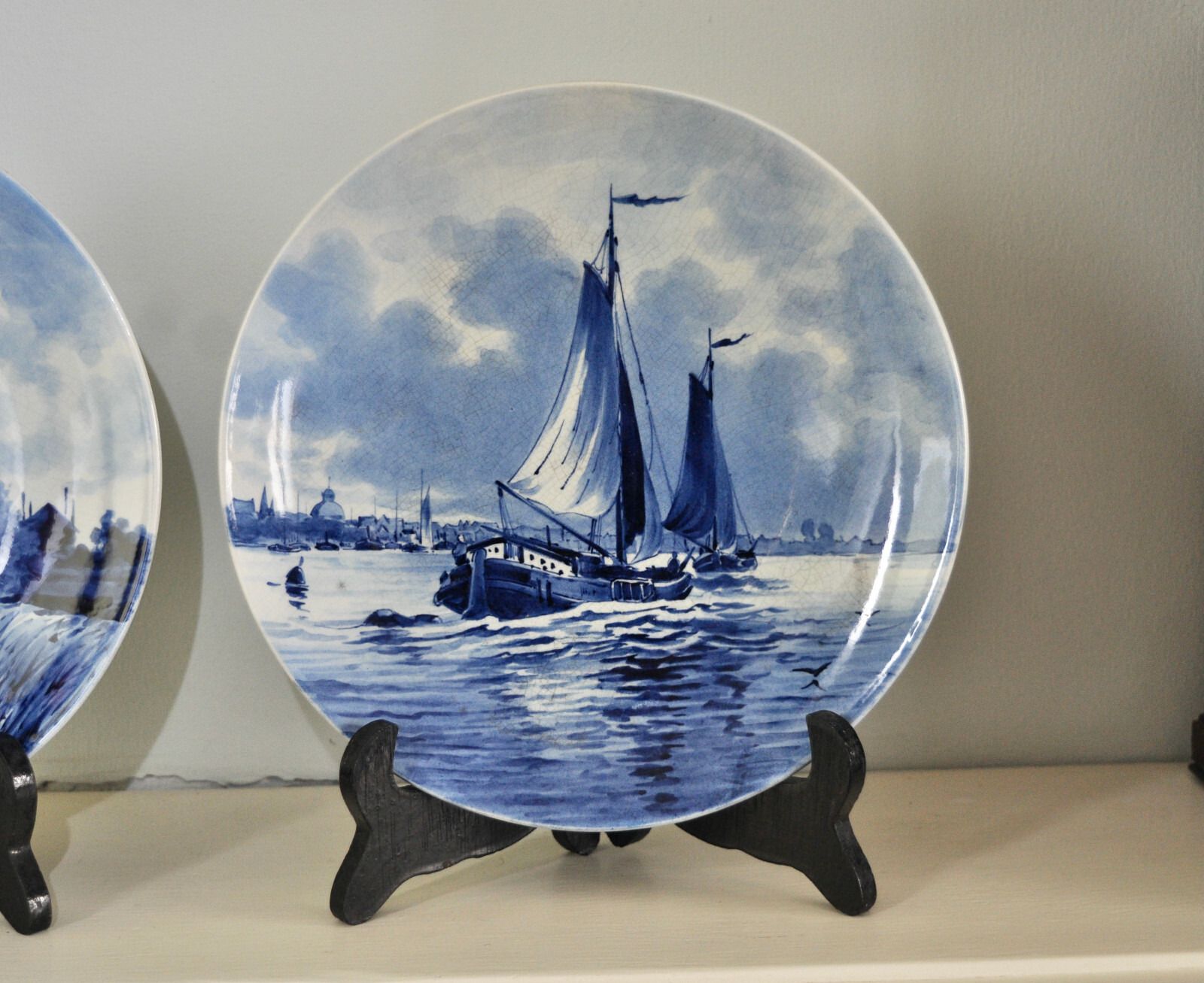 A Fine Pair Of 9" Royal Delft Hanging Pictured Plates, Date 1917, Hand Painted photo for sale