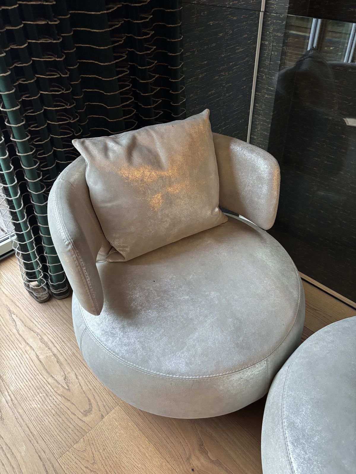 Pair Of Roche Bobois Swivel Lounge Chairs In Gold Beige Leather photo furniture