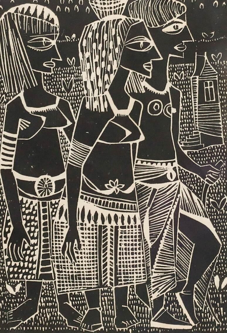 Arne Lindaas (1924 2011)   Framed 1948 Wood Engraving, Three Native Figures photo furniture