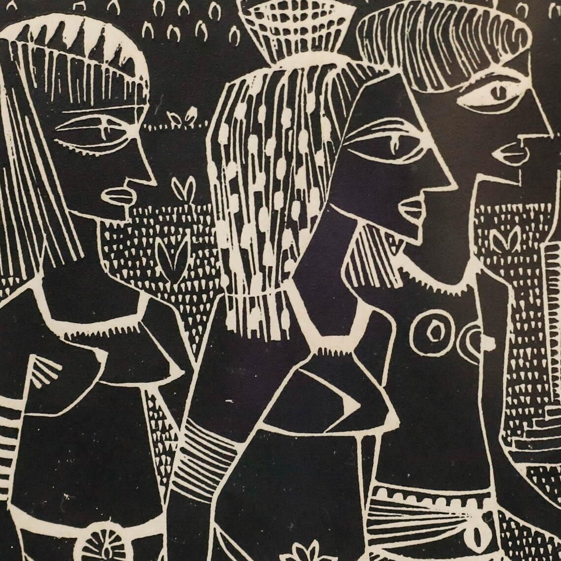 Arne Lindaas (1924 2011)   Framed 1948 Wood Engraving, Three Native Figures photo Art