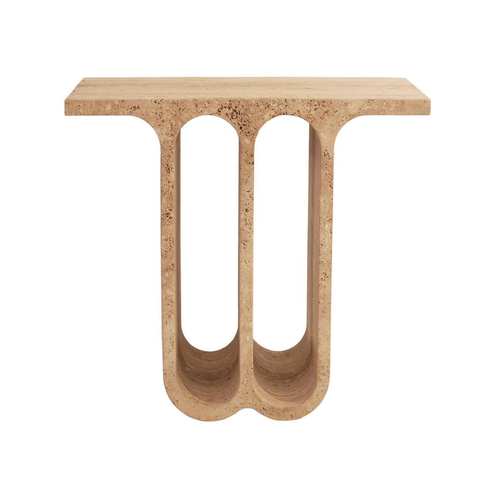 Modern Pair Of Italian Ivory Travertine Consoles With Semi Circular Arches photo vinterior