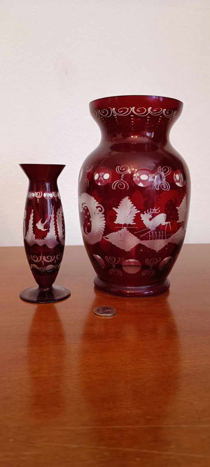 Bohemian Ruby Red Cut To Clear Crystal Vase & Matching Candle Holders – Hand Engraved Two Layer Glass photo 50.0