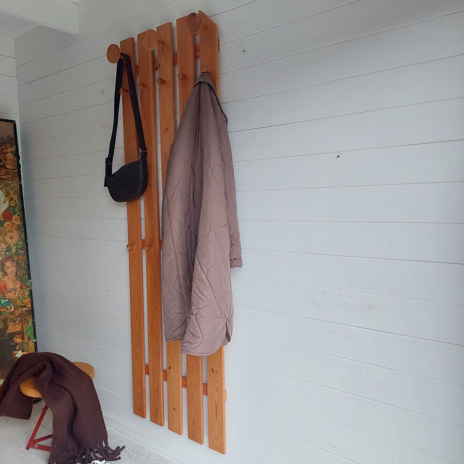 Mid Century Scandinavian Pine Coat Rack Slatted Wall Panel Tilja,  Karin Mobring Ikea, 1970s photo vinterior