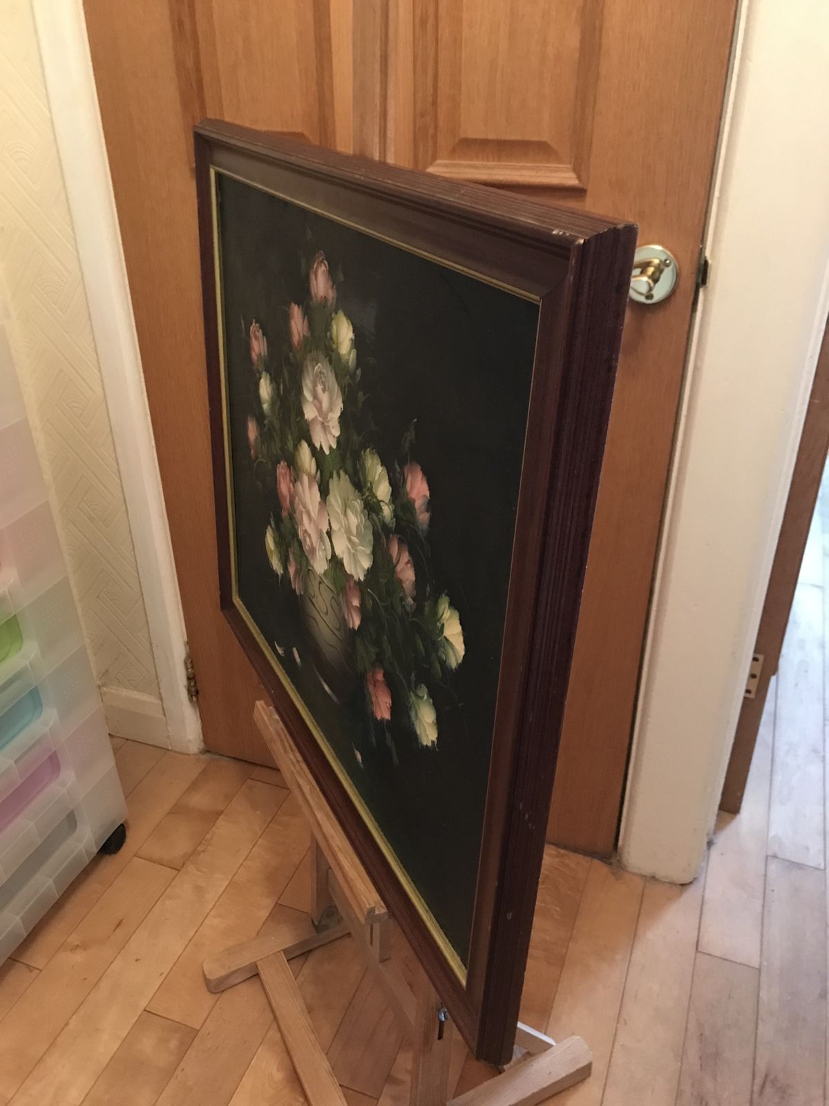 80.0 Vintage Framed Oil On Canvas Colourful Still Life Bowl Flowers photo