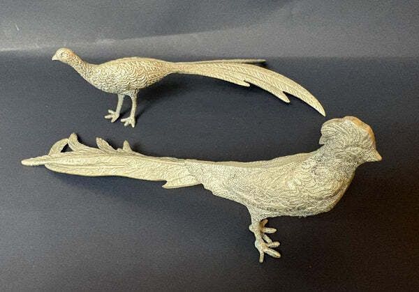 Pair Of Silver‑Plated Pheasant Ornaments, C.1950s–70s, 20 Cm