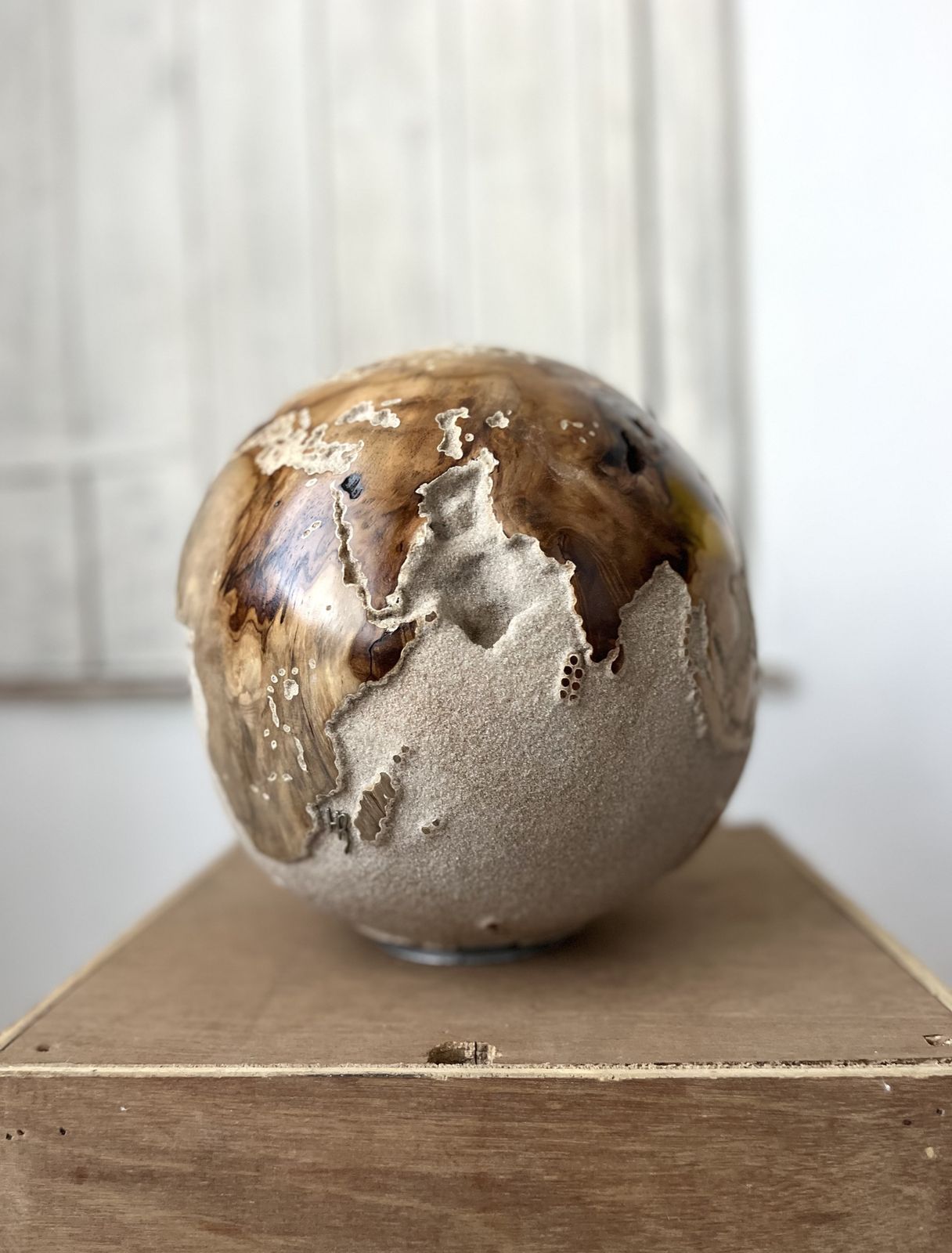 White Teak Wood & Volcanic Sand Globe 25 Cm By Bruno Helgen I D 091 Contemporary Wood Globe Sculpture photo vintage