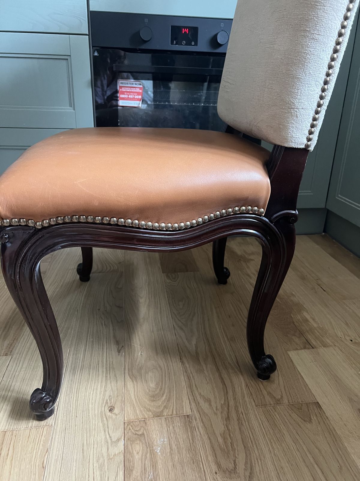 Pair Of Solid Carved Mahogany Noble Estate Dining Chair, In Beige And Light Tan photo for sale