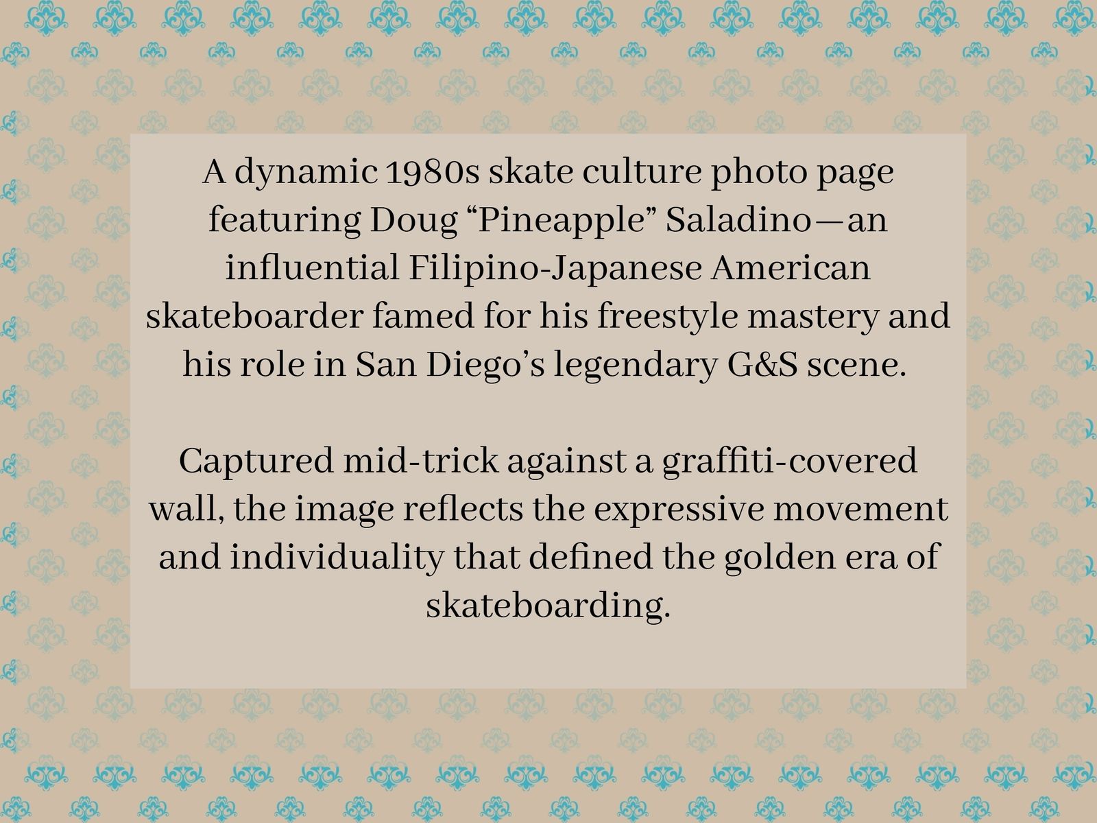 Skate Culture Photo Page, 1980s Freestyle Skateboarding Print, Doug Pineapple Saladino G&S Era, Collector Art, San Diego Barrio Linda Vista photo furniture