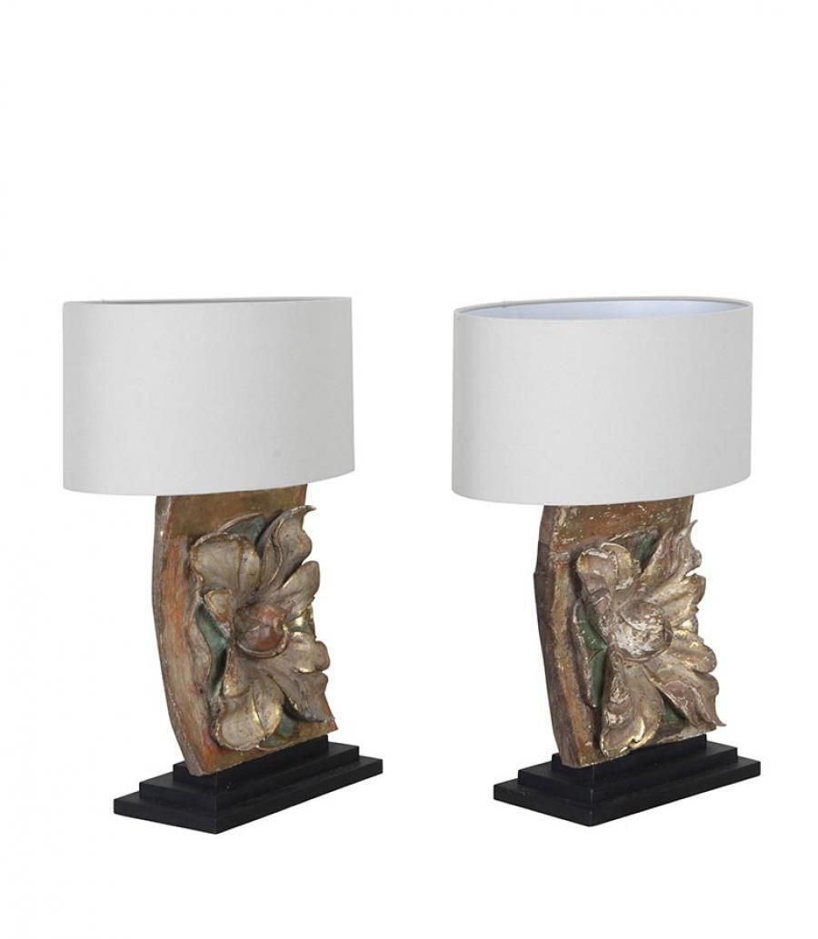 Pair Of Table Lamps Made From 17th Century Carved Wooden Fragments photo furniture