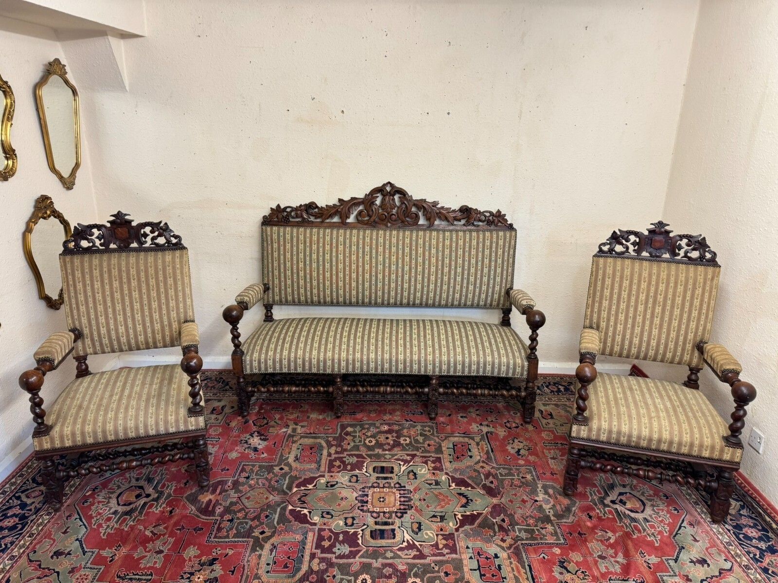 Quality Antique French Carved Oak Settee And Two Matching Armchairs Circa 1900 photo for sale