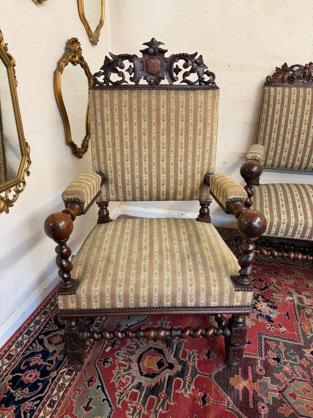 Quality Antique French Carved Oak Settee And Two Matching Armchairs Circa 1900 photo vintage