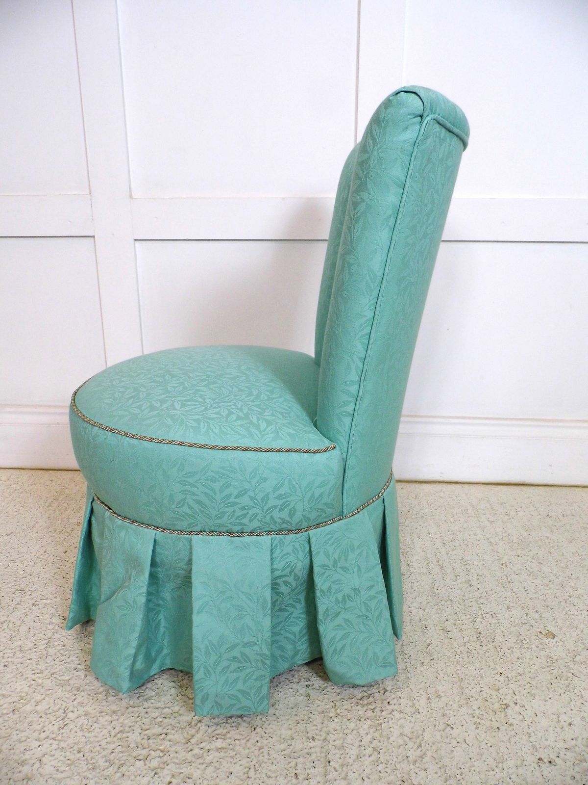 Vintage French Bedroom Boudoir Chanel Back Reupholstered Chair In Green Fabric photo vinterior