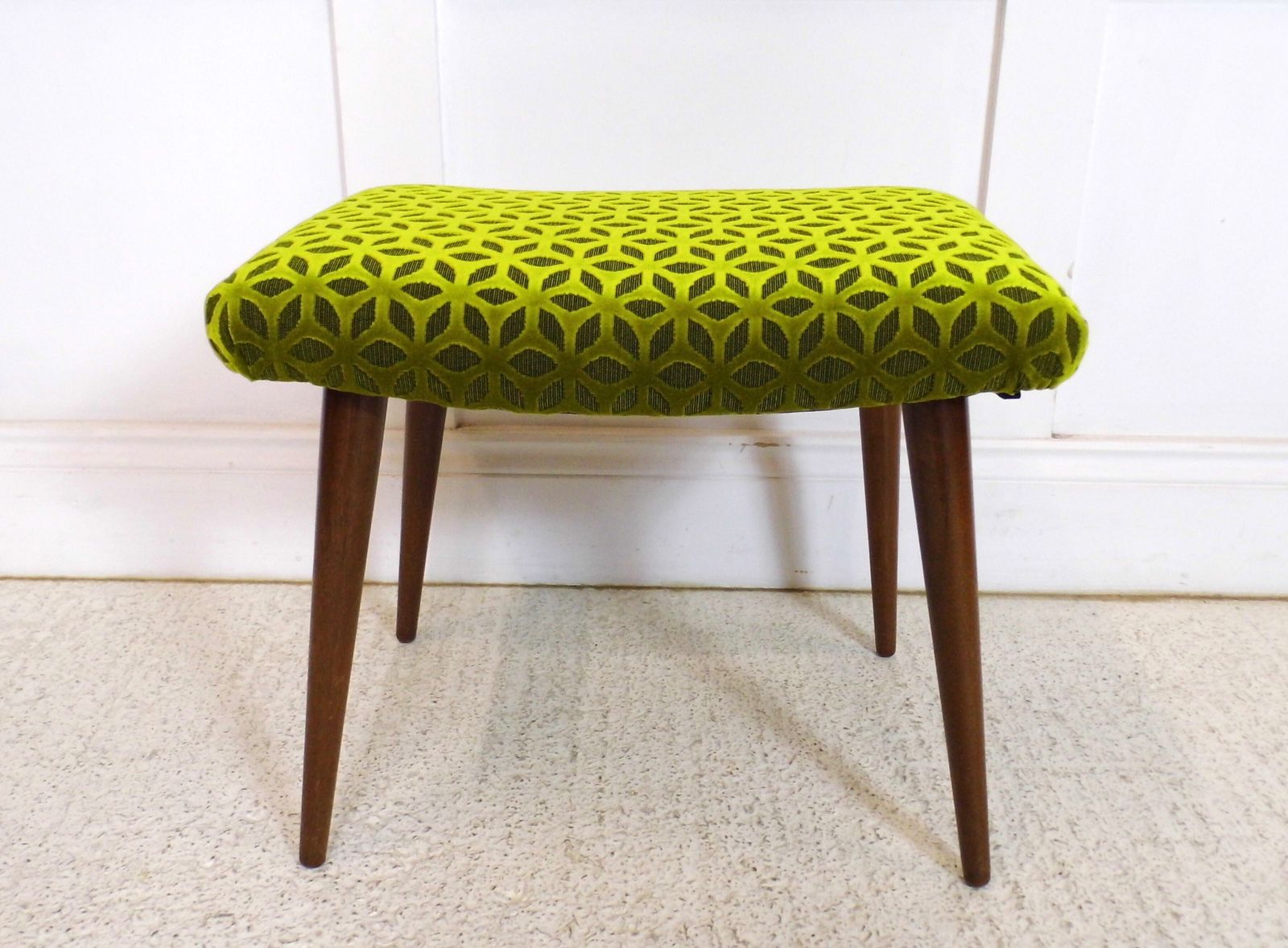 Vintage Freshly Upholstered Midcentury Danish Stool Geometric Velvet Fabric 1960 photo furniture