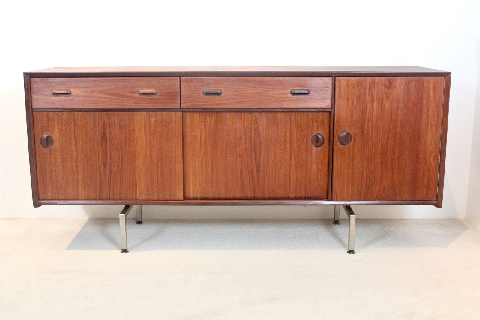 Mid Century Belgian Sideboard In Teak With Sculpted Handles And Steel Legs, 1960s