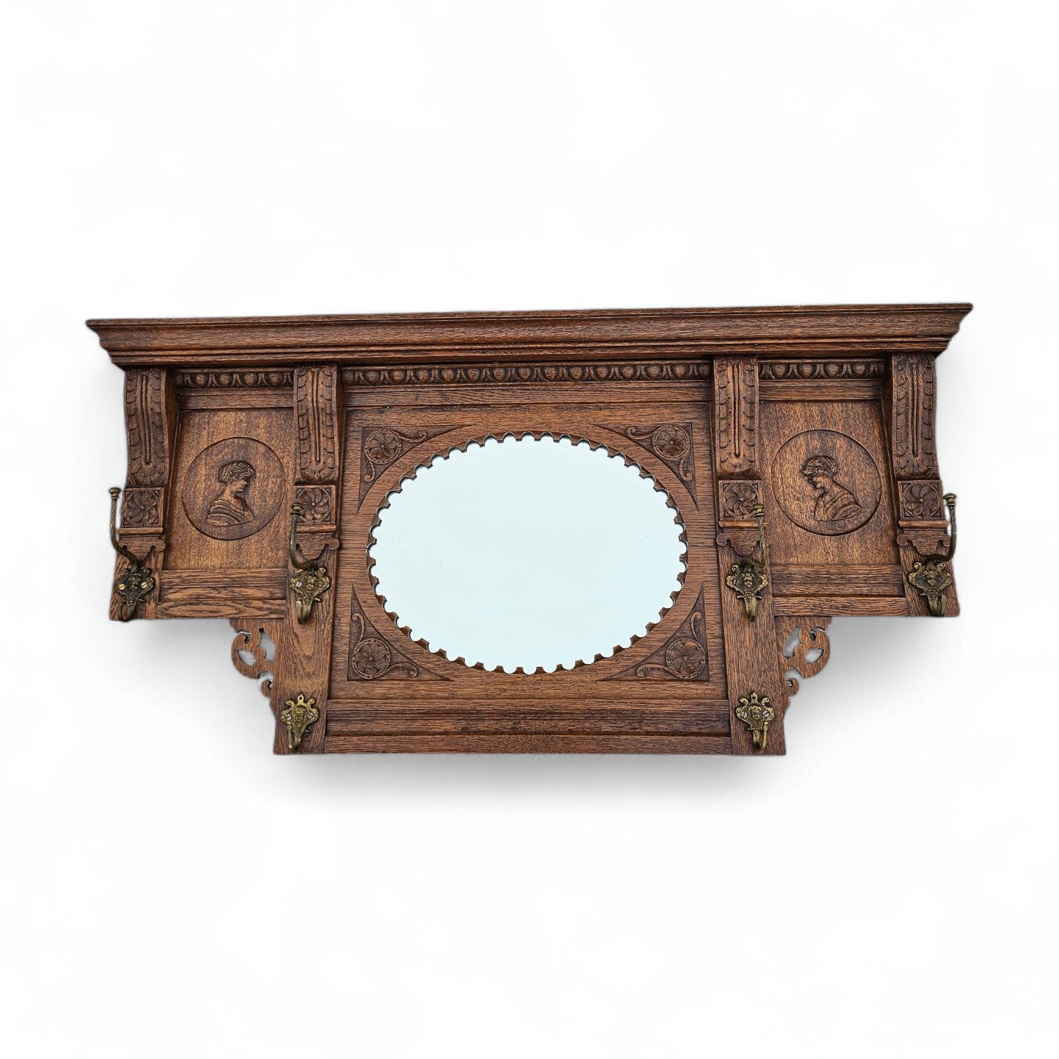 Dutch Entryway Wall Coat Rack / Solid Wood / Carved Decorations And Mirror In The Center / 1950s
