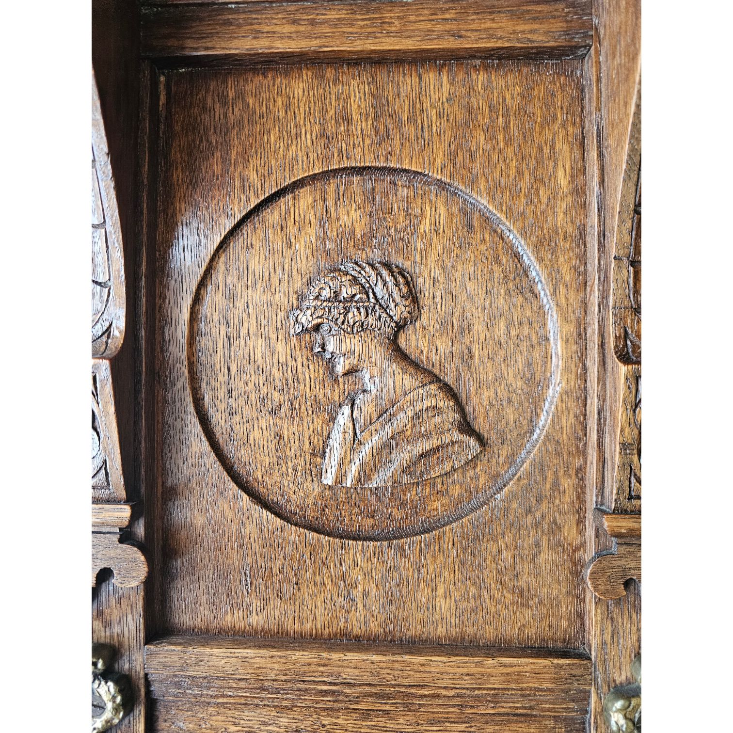 Dutch Entryway Wall Coat Rack / Solid Wood / Carved Decorations And Mirror In The Center / 1950s photo vintage