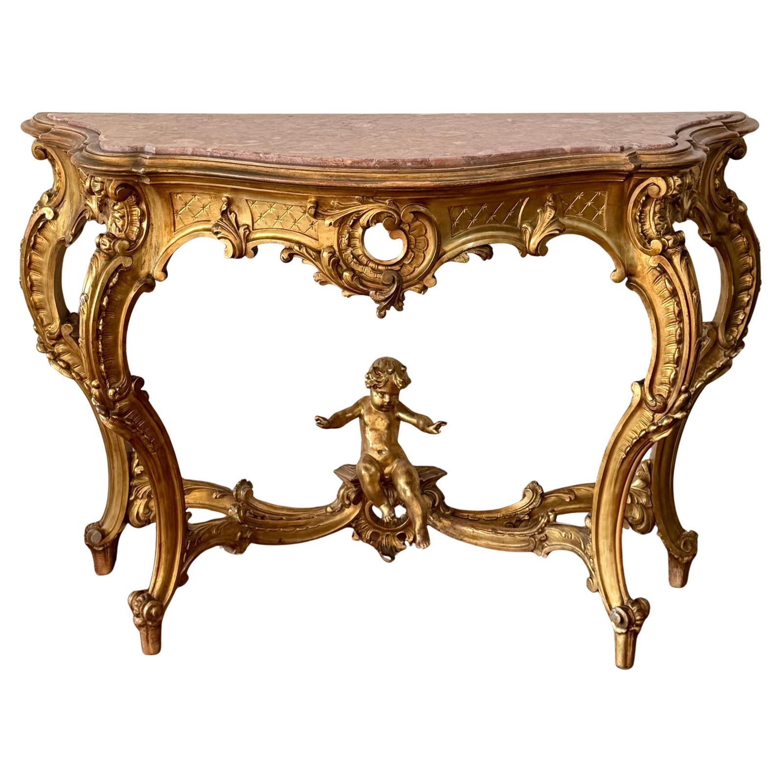 19th Baroque Carved & Gilted Walnut Ormolu With Marble Console Table And Cherub