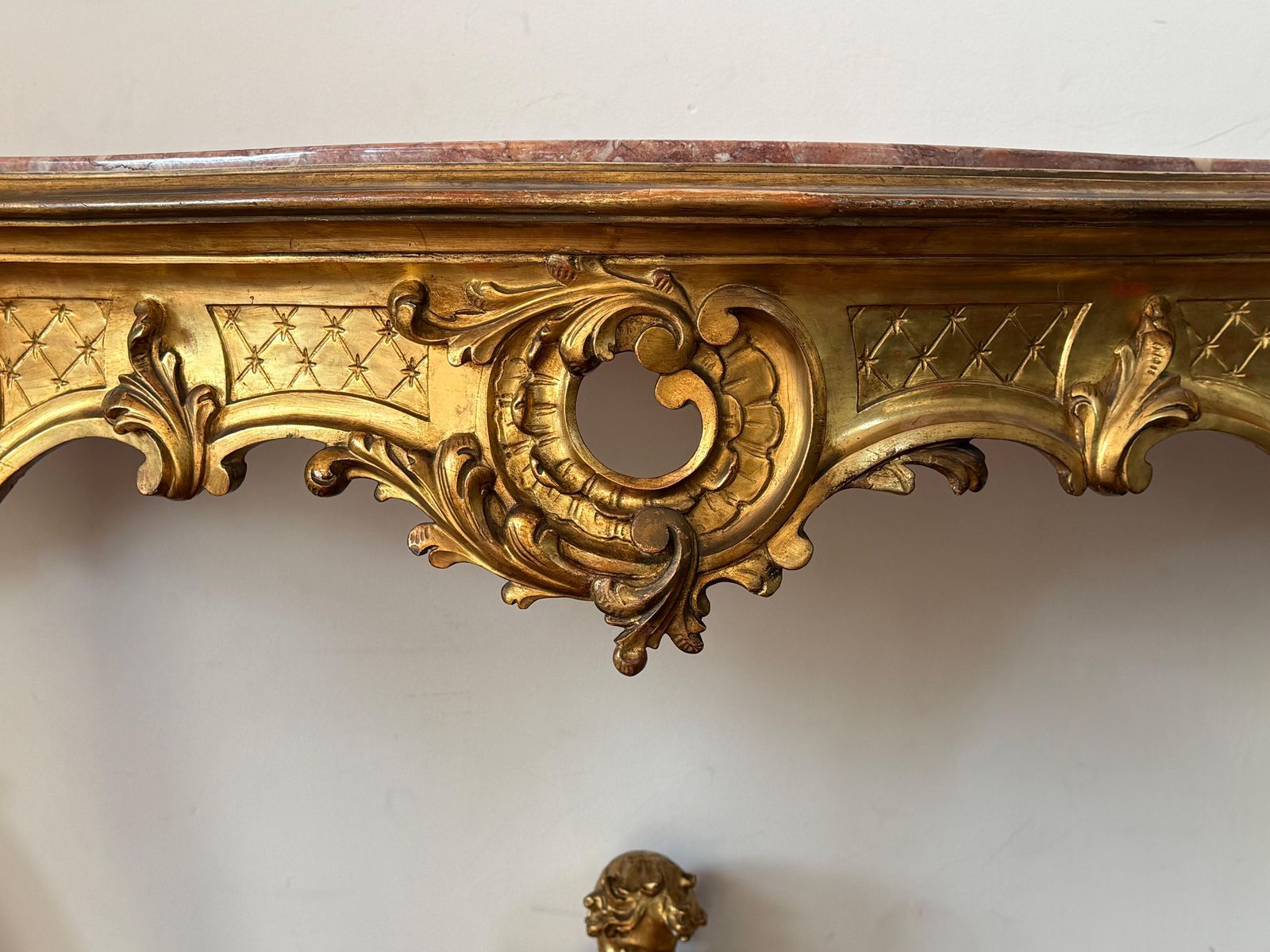 19th Baroque Carved & Gilted Walnut Ormolu With Marble Console Table And Cherub photo vintage