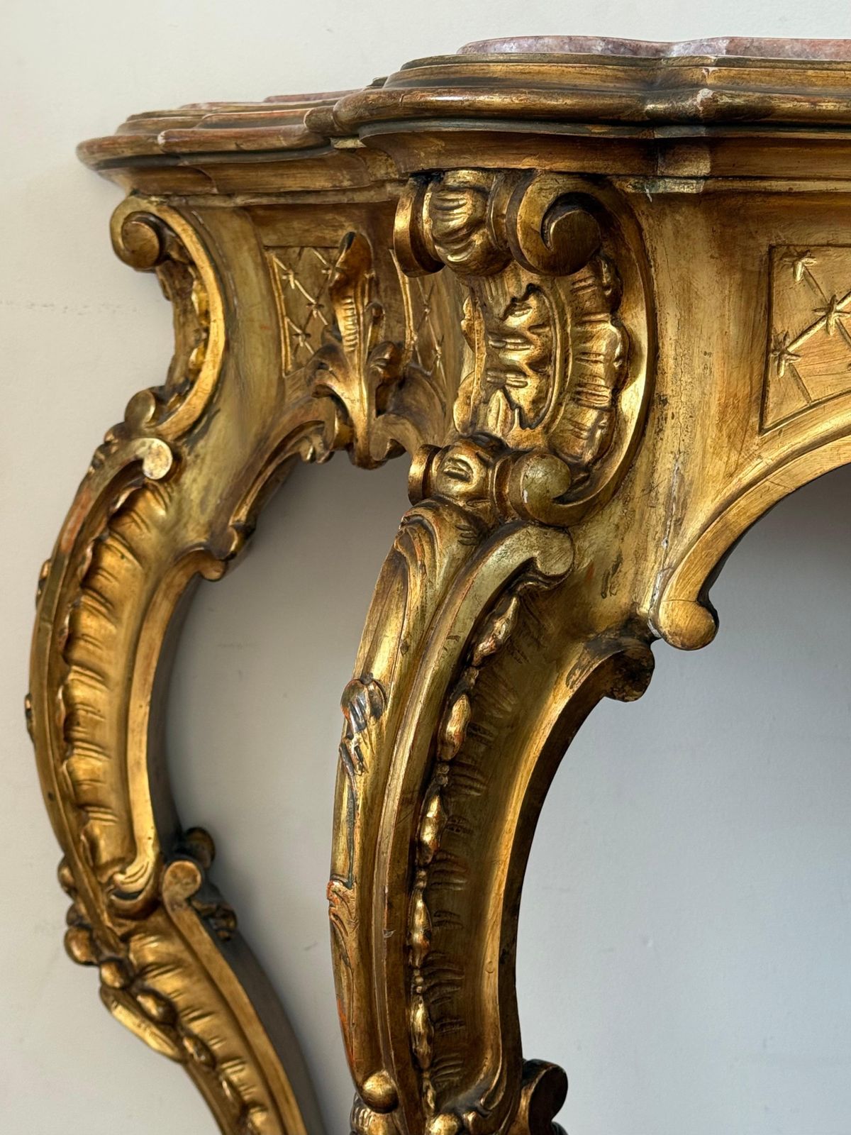 Furniture 19th Baroque Carved & Gilted Walnut Ormolu With Marble Console Table And Cherub photo