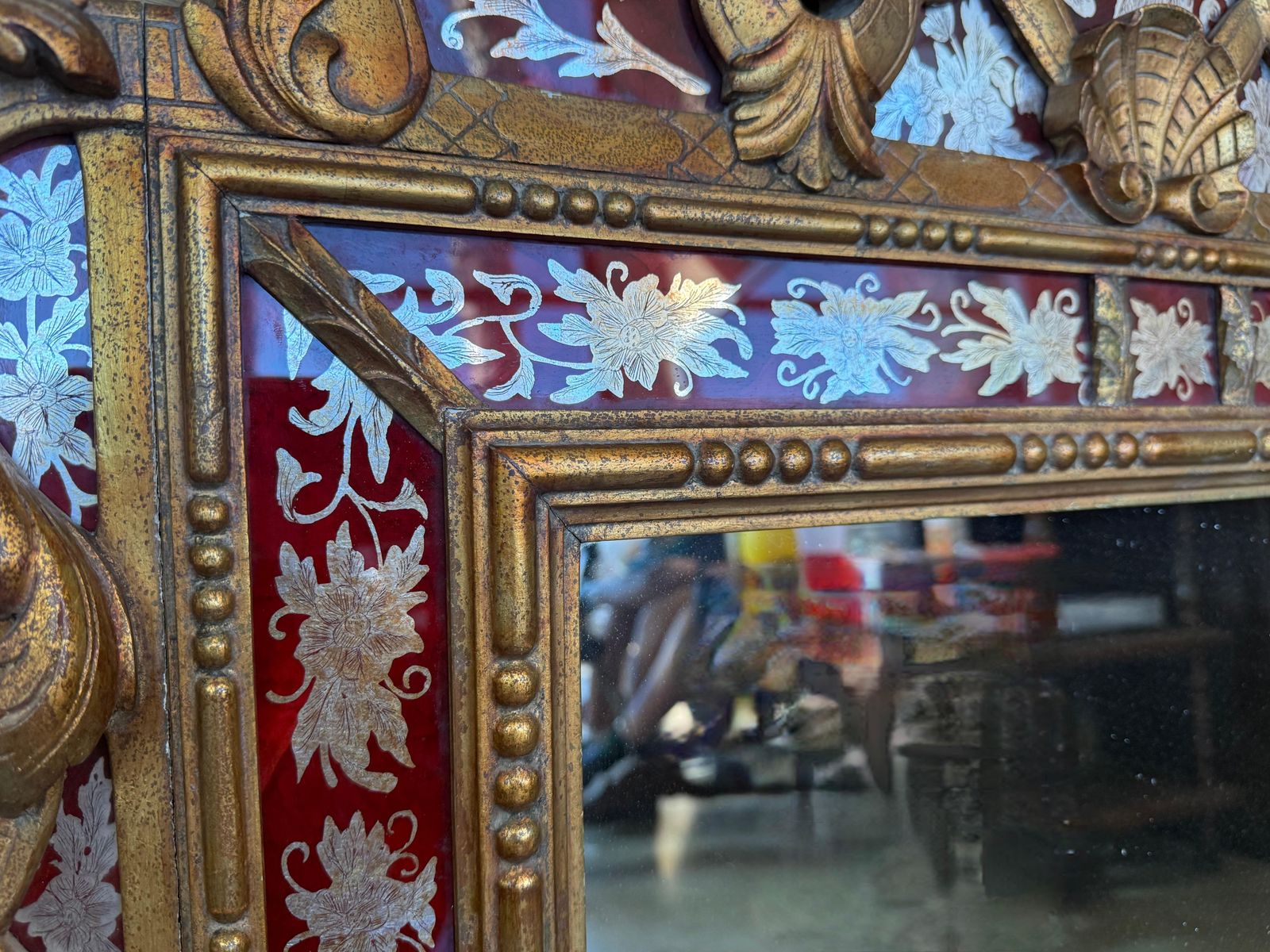 Venetian Style Carved Wood Gilted Mirror With Red Glass Border photo vintage