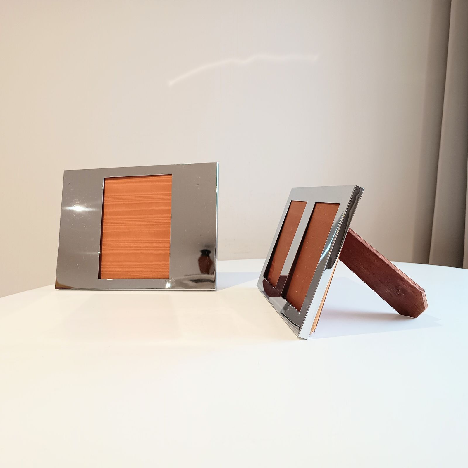 photo for sale Set Of 2 Midcentury Modern Vintage Felice Antonio Botta Tabletop Frames, Chrome & Wood Back