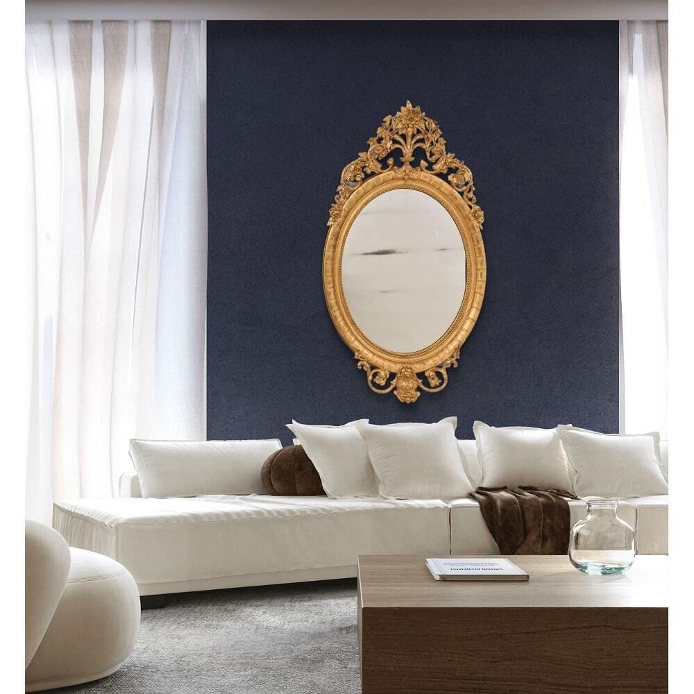 Large Antique Oval Mirror With Gilt Frames, Flowers And Scollutes,  Frame, 19th Century. (Spo198) photo furniture